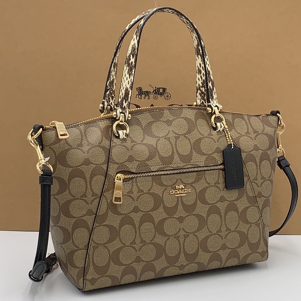 COACH Prairie Satchel / Shoulder In Colorblock Signature Canvas Khaki/Black NWT - Picture 2 of 16